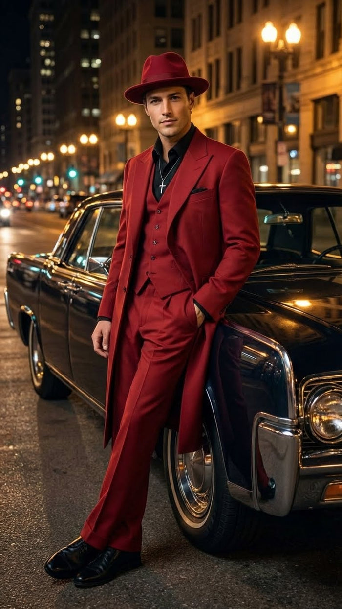Men’s 1920s Burgundy Zoot Suit – Long Mafia Gangster Three-Piece Vintage Outfit Zuit Pachuco Style