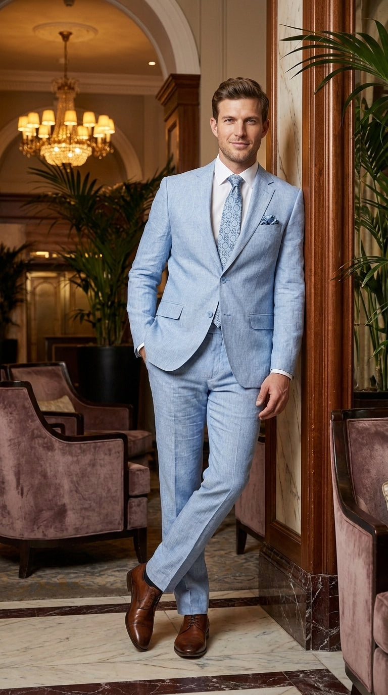 Men’s Light Blue Linen Summer Suit – Two Button Blazer with Elbow Patch Sleeves