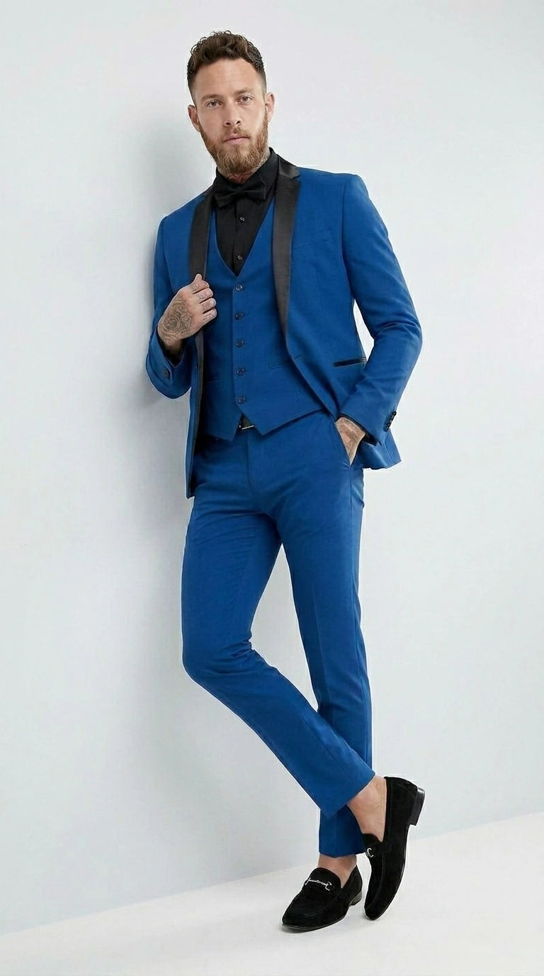 Men’s Royal Blue 3 Piece Suit with Black Lapel – Modern Formal Suit for Wedding, Prom and Party Wear Modern Fit