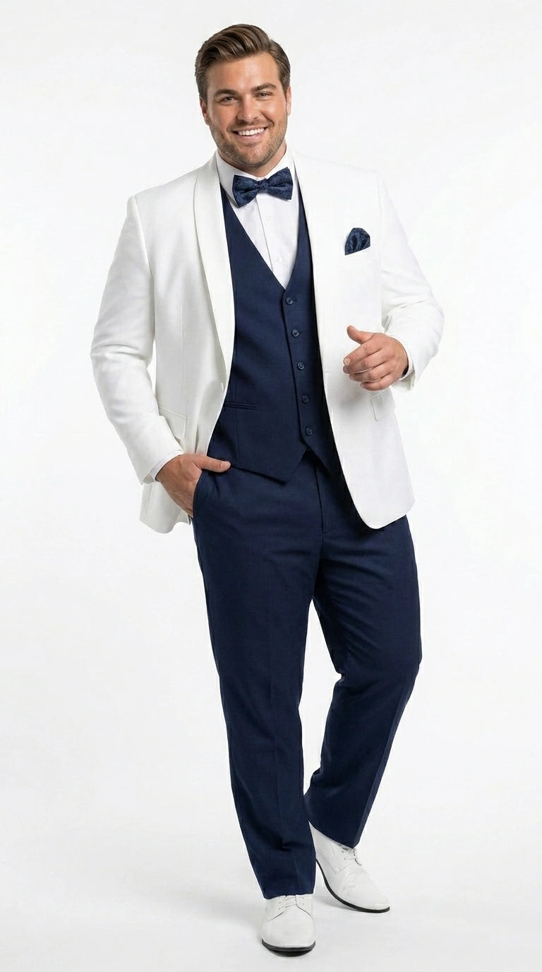 Men’s White and Navy blue tuxedo  3 Piece Suit – Classic White Blazer with Navy Vest and Pants for Wedding, Party + Bowtie