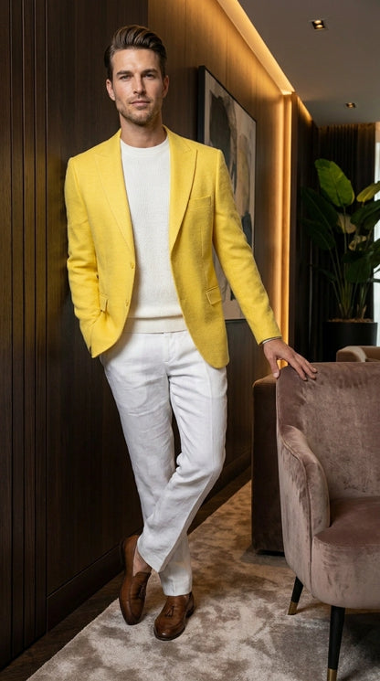 Zacci Brand Men’s Lemon Yellow Blazer Peak Lapel Hopsack Weave – Elegant Formal Blazer Jacket for Wedding, Party, Prom and Smart Casual Wear