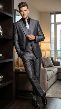 Mens Charcoal Gray Suit With Sheen -  | Shiny Texture Fabric Three Piece Wedding and Party Business - Image 3