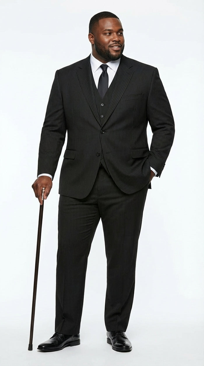 Vitali Mens Black Tone on Tone Shadow Stripe Vested Suit Set – 3 Piece Modern Fit Pinstripe Two Buttons Modern Fit