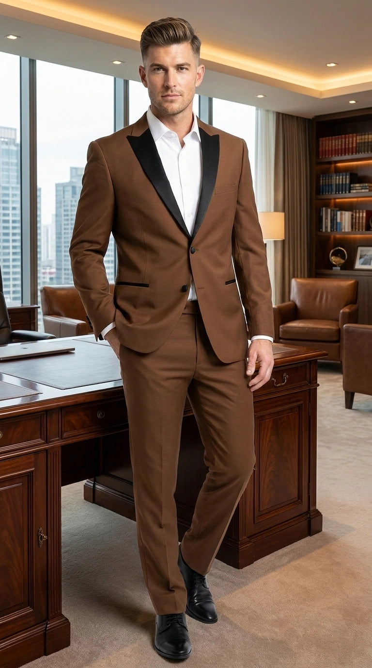 Men’s Light Brown Vested Piece Suit – Elegant Formal Suit with Contrast Lapel for Wedding, Party Modern Fit