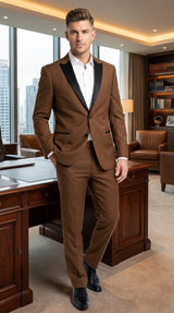 Men’s Light Brown Vested Piece Suit – Elegant Formal Suit with Contrast Lapel for Wedding, Party Modern Fit