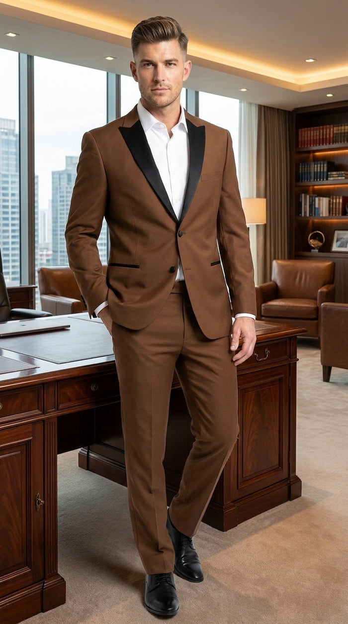 Men’s Light Brown Vested Piece Suit – Elegant Formal Suit with Contrast Lapel for Wedding, Party Modern Fit