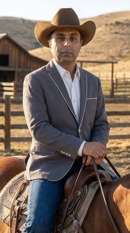 Mens Grey and White Trim Western Blazer – Classic Fit Cowboy Style Contrast Trim Dress Jacket