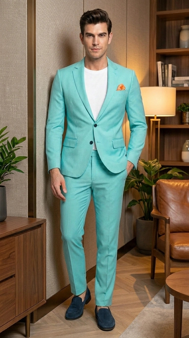 Men’s Turquoise 2 Piece Suit with Jacket and Pants, Formal Wedding Suit for Prom, Parties, Summer Events, and Special Occasions Modern Fit