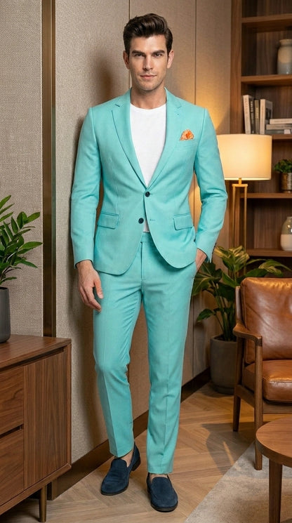 Men’s Turquoise 2 Piece Suit with Jacket and Pants, Formal Wedding Suit for Prom, Parties, Summer Events, and Special Occasions Modern Fit