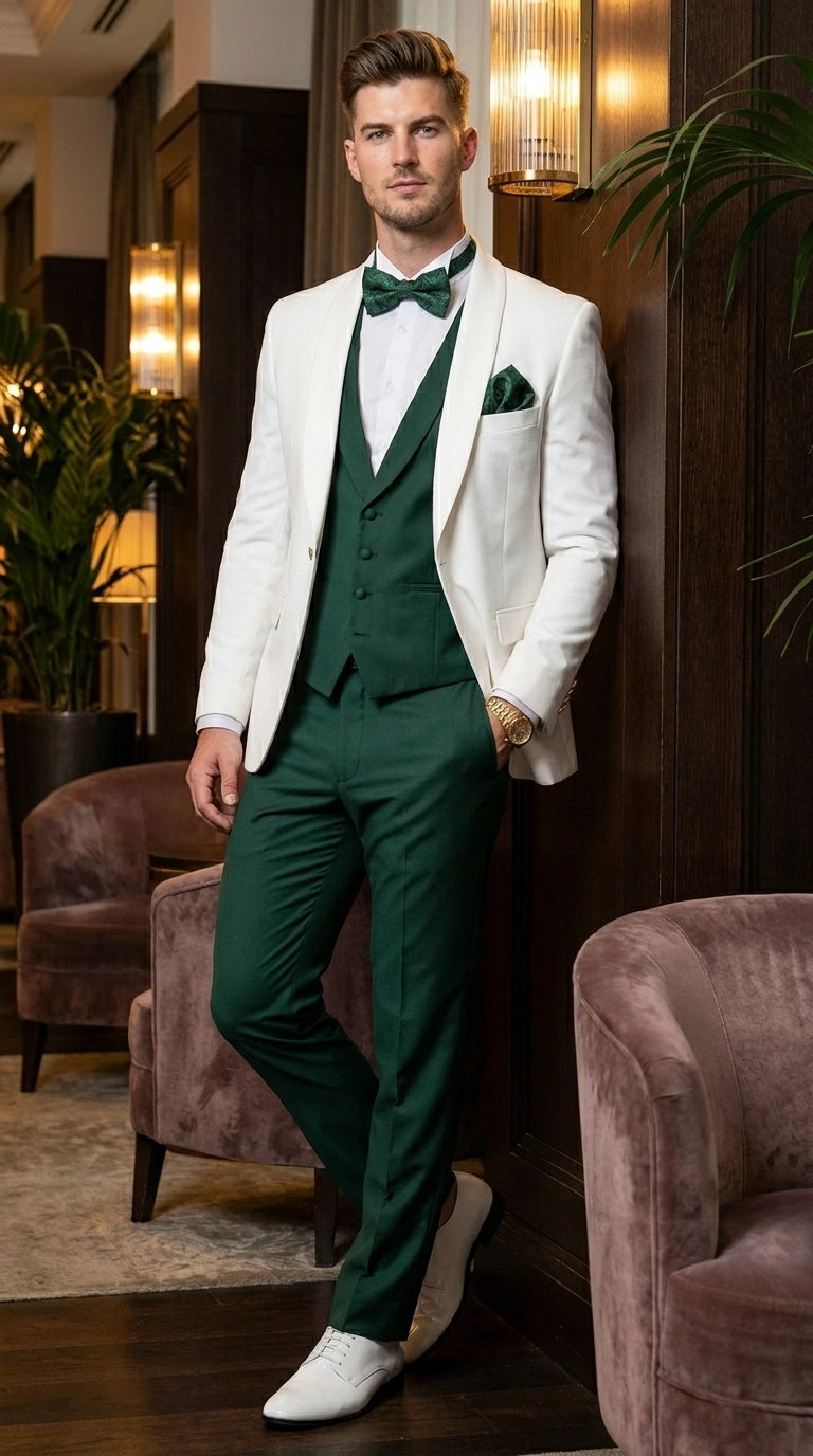 Men’s White and Hunter Green 3 Piece Suit – Elegant Formal Suit with Vest, Wedding Tuxedo Suit for Prom and Party Wear
