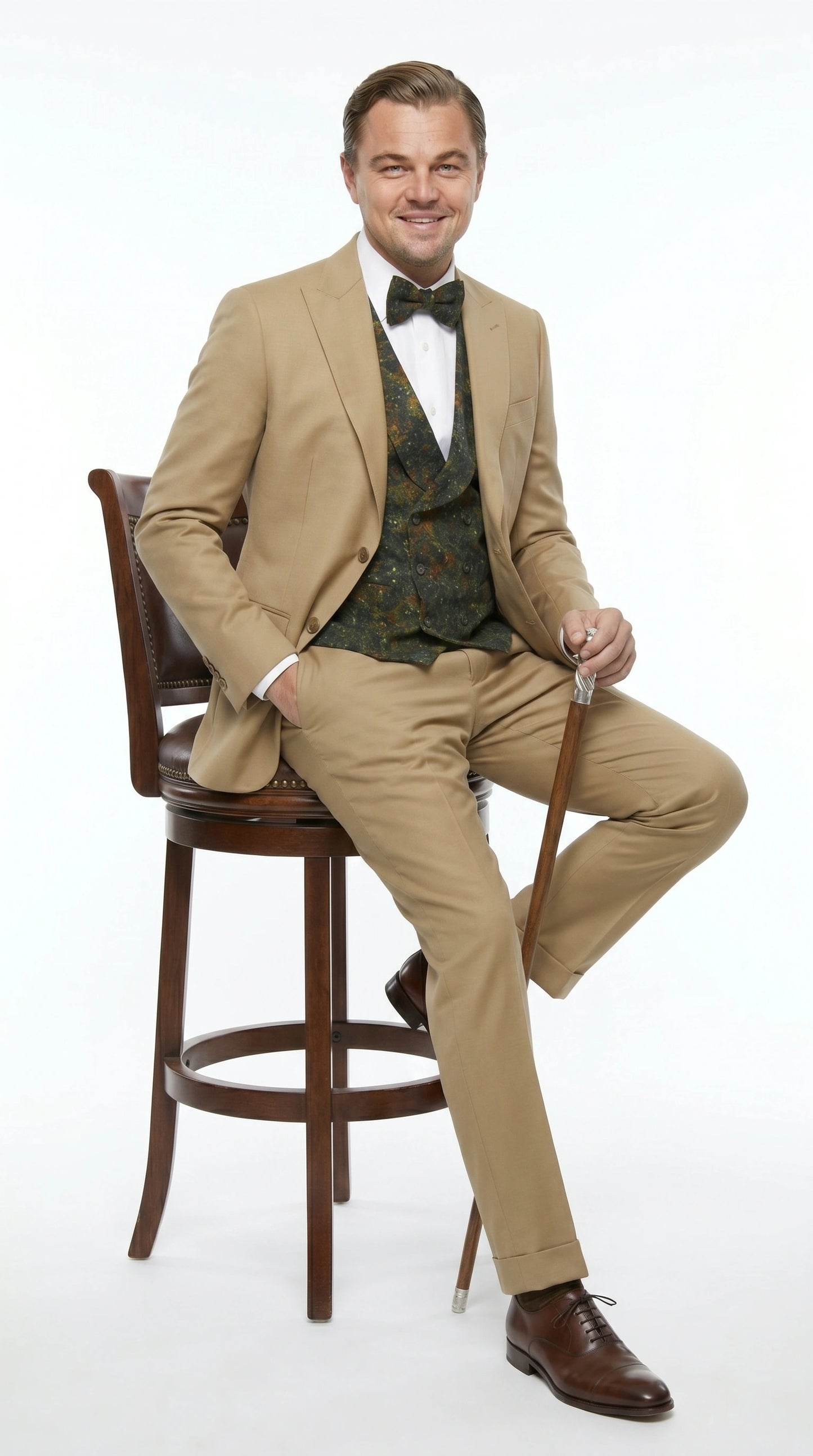 Men’s Khaki 3 Piece Suit with Patterned Vest, Great Gatsby Inspired Formal Suit for Weddings, Mardi Gra in Tan Camel Color Modern Fit