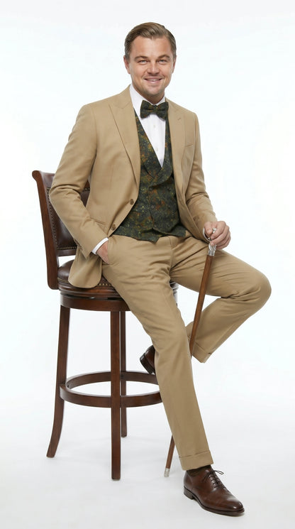Men’s Khaki 3 Piece Suit with Patterned Vest, Great Gatsby Inspired Formal Suit for Weddings, Mardi Gra in Tan Camel Color Modern Fit