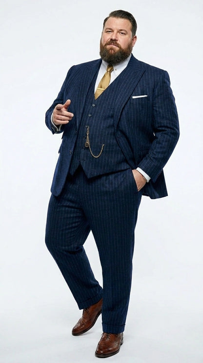 Men’s Navy Blue Pinstripe 3 Piece Suit, Thomas Shelby Inspired Vintage Formal Suit for Weddings, Parties, Prom, and Special Events Modern Fit