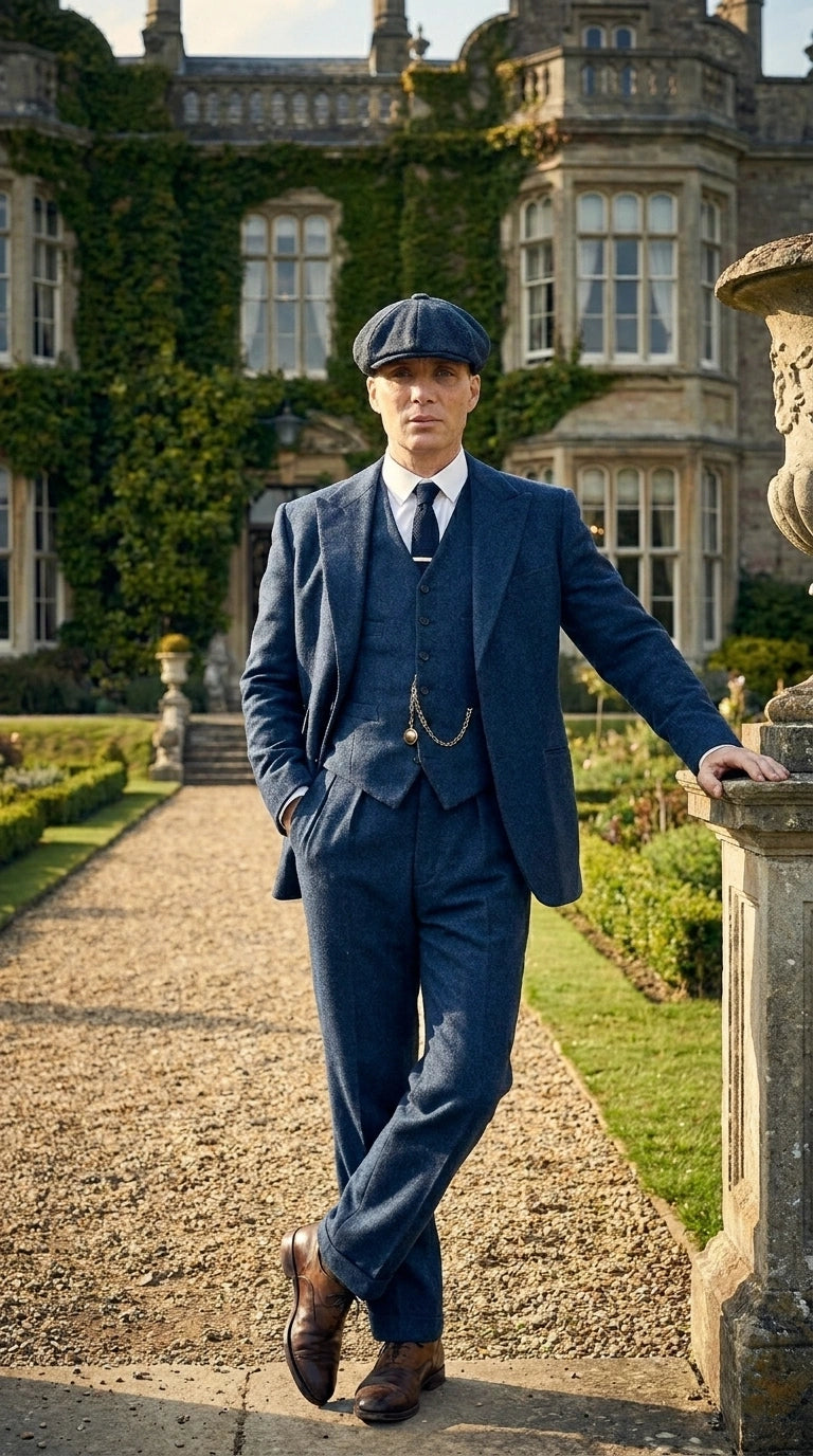 Men’s Blue 3 Piece Suit, Thomas Shelby Inspired Vintage Formal Suit Herringbone Tweed 1920s fabric Modern Fit