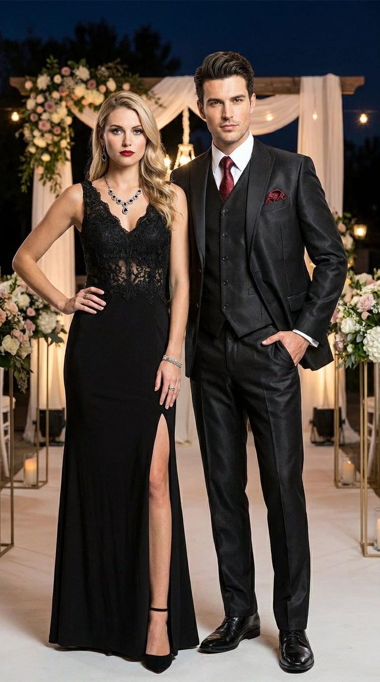 Men’s Black Shiny 3 Piece Tuxedo Groom Suit, Formal Vest Suit for Weddings, Prom, Black Tie Events, Black Lapel