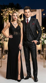 Men’s Black Shiny 3 Piece Tuxedo Groom Suit, Formal Vest Suit for Weddings, Prom, Black Tie Events, Black Lapel