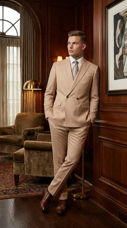 Vitali Men’s Tone on Tone Beige Pinstripe 2 Piece Suit, Double Breasted Summer Dress Suit for Weddings, Tan Beige Shadow Pinstripe Modern Fit