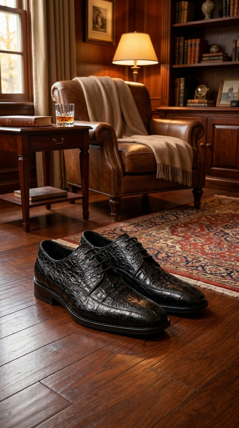 Men’s Los Altos Black Gator Belly Dress Shoes with Lace Up Front, Exotic Style Formal Shoes