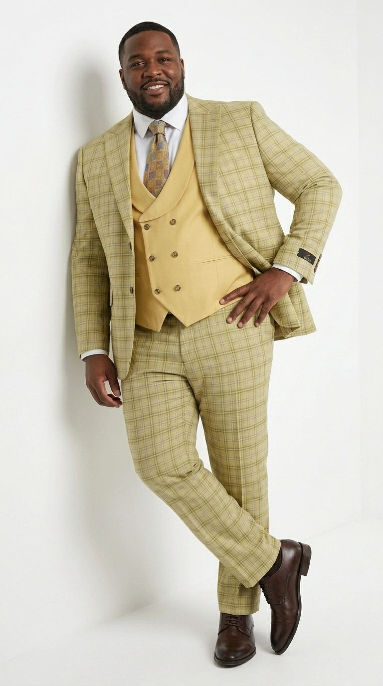 Vitali Men’s Sage Beige Tan Plaid 3 Piece Suit, Check Pattern Formal Dress Suit for Weddings, Prom, Business Events,Light Yellow Color Modern Fit