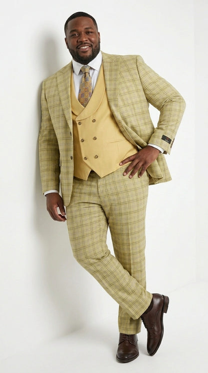 Vitali Men’s Sage Beige Tan Plaid 3 Piece Suit, Check Pattern Formal Dress Suit for Weddings, Prom, Business Events,Light Yellow Color Modern Fit