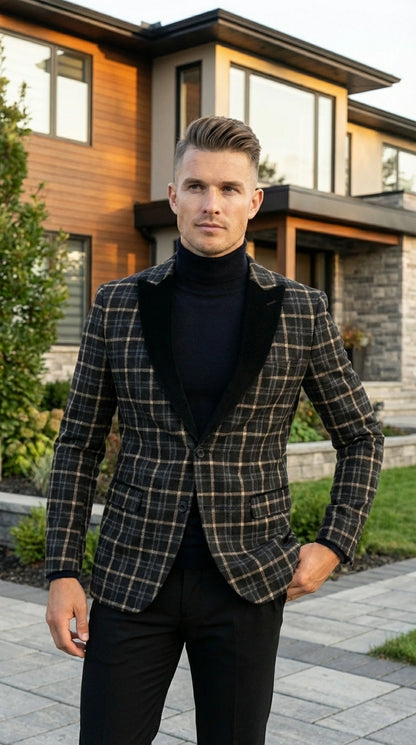 Mens Tartan Black and Gold Check Blazer – Windowpane Plaid Sport Coat Velvet Lapel Formal Party Jacket Chirsitmas New Year Holiday Jacket