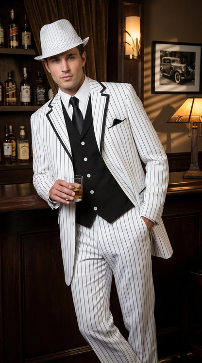 Men’s White Pinstripe 1920s Gangster 3 Piece Suit, Black Contrast Formal Costume Suit for Parties, Prom, Weddings, and Theme Events Modern Fit