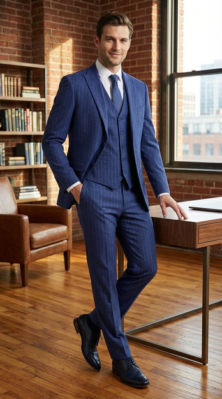 Men’s Cobalt Blue 3 Piece Suit – Indigo Light Blue Pinstripe Formal Suit with Vest for Wedding, Business Two buttons Modern Fit