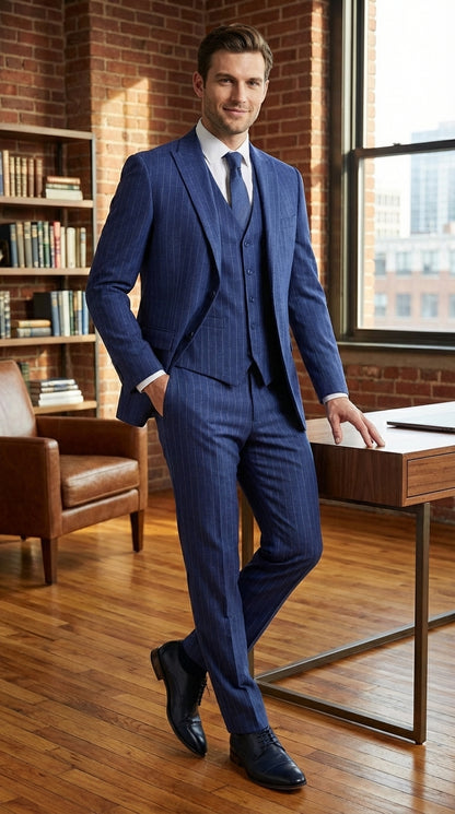 Men’s Cobalt Blue 3 Piece Suit – Indigo Light Blue Pinstripe Formal Suit with Vest for Wedding, Business Two buttons Modern Fit