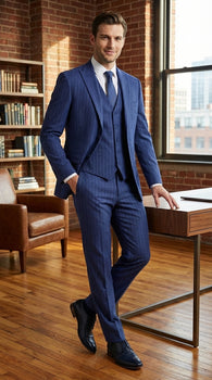Men’s Cobalt Blue 3 Piece Suit – Indigo Light Blue Pinstripe Formal Suit with Vest for Wedding, Business Modern Fit Two buttons