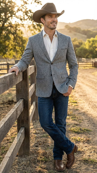 Men's Grey Tweed Herringbone Western Blazer Jacket  Style Look, Textured Formal Casual Sport Coat for Jeans - Image 10