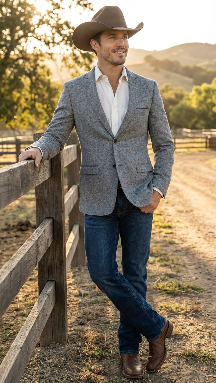 Men's Grey Tweed Herringbone Western Blazer Jacket  Style Look, Textured Formal Casual Sport Coat for Jeans - Image 10