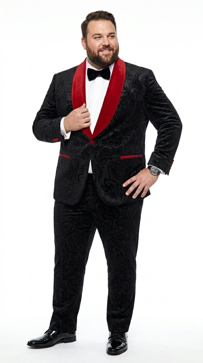 Men’s Black Paisley 2 Piece Suit with Red Shawl Lapel, Formal Wedding Prom Party Suit Set Modern Fit