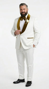 Men’s White Paisley 3 Piece With Vest Prom Tuxedo with Gold Velvet Shawl Lapel, Formal Wedding Suit Set
