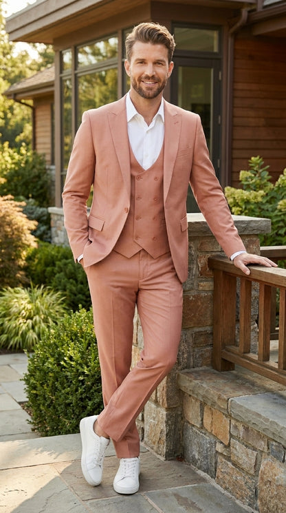 Men’s Peach Light Brown 3 Piece Suit – Wedding & Prom Formal Suit Set, Blazer Pants Double breasted vest