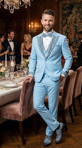 Mens Light Blue 3 Piece Prom Tuxedo – Sky Blue Formal Suit with Sequin Lapel Wedding Party Tuxedo Set in Baby Blue