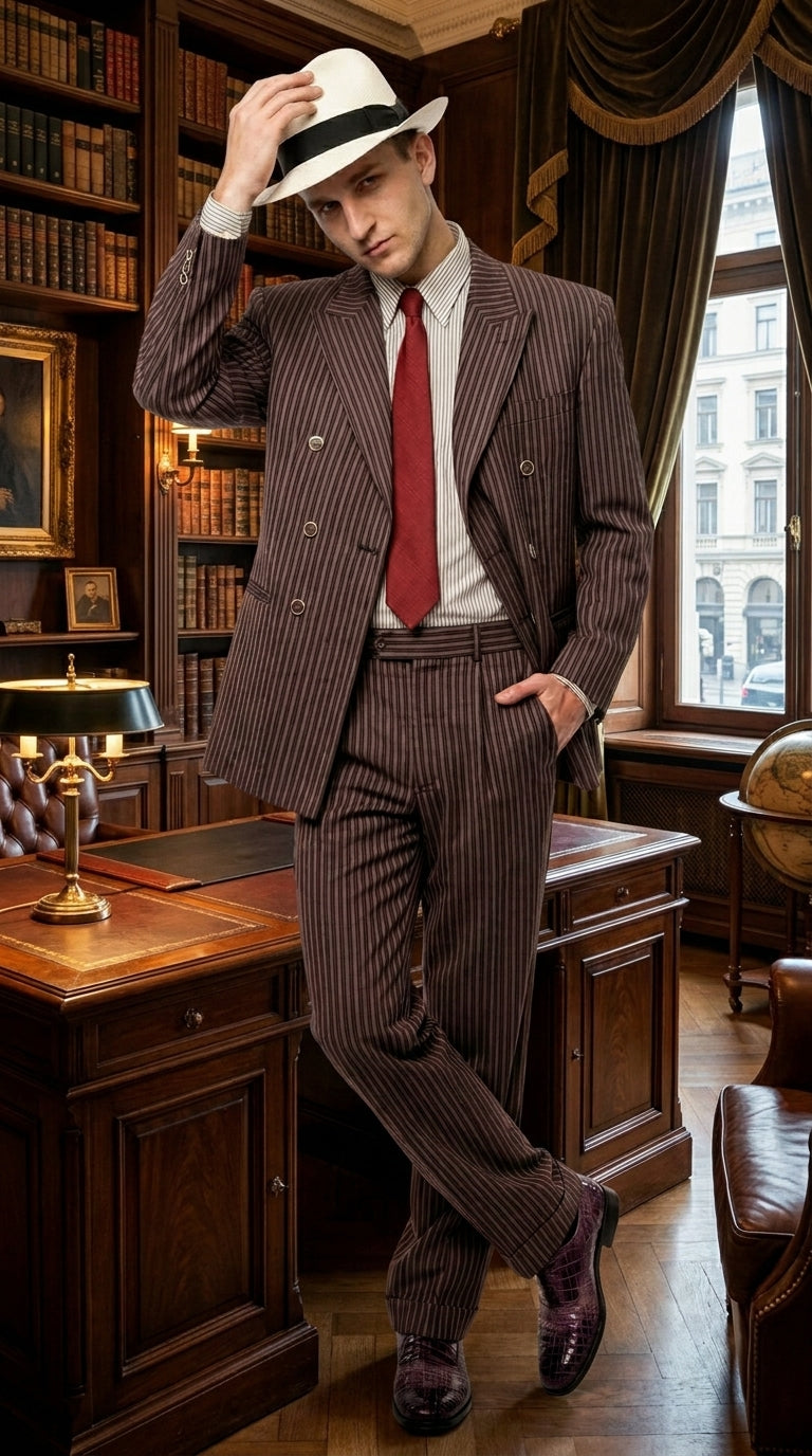 Men’s Brown Pinstripe Bonnie and Clyde Costume Suit – Vintage Gangster 1920s Outfit for Party, Halloween and Themed Events Modern Fit