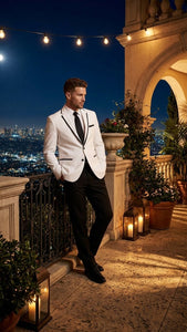 Men’s White Blazer with Black Trim | Wedding and Party Formal Blazer Jacket - White Tuxedo Prom Jacket