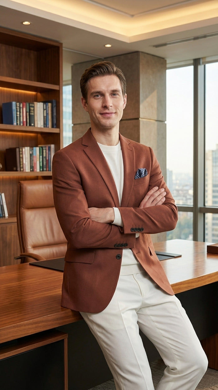 Mens Rustic Brown Light Burnt Orange Copper Blazer – Classic Fit Single Breasted Formal Casual Dress Jacket
