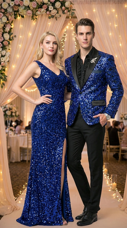 Men’s Blue Sequin Sparkle Blazer Jacket with Black Satin Lapel, Party Prom Wedding Dinner Coat