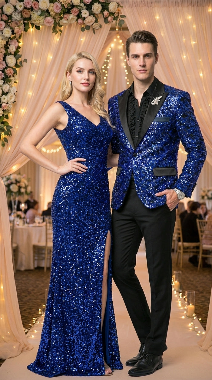 Men’s Blue Sequin Sparkle Blazer Jacket with Black Satin Lapel, Party Prom Wedding Dinner Coat