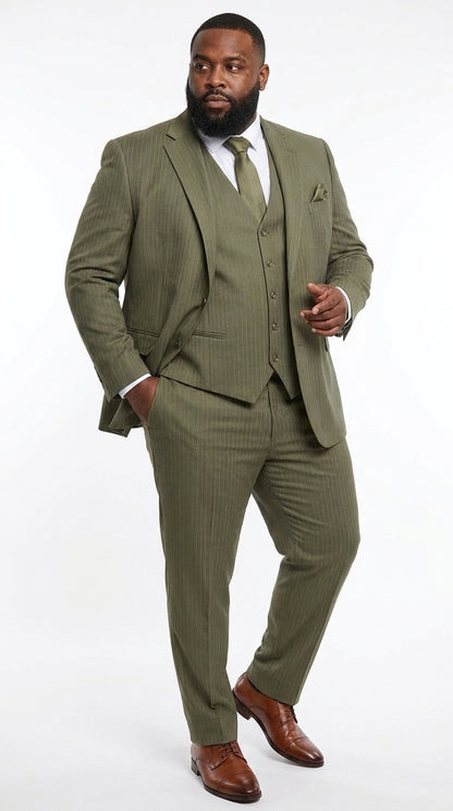 Men’s Olive Green Tone-on-Tone Shadow Pinstripe  3 Piece Suit – Modern Formal Suit with Vest Shadow Stripe