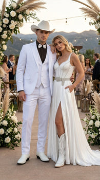 Men’s White Western Cowboy 3 Piece Tuxedo Suit, Formal Wedding Prom Groom Suit Set