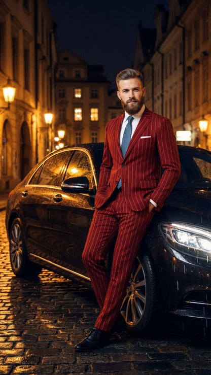 Men’s Red Pinstripe Suit – Stripe Two-Button Vested Suit 2 Buttons