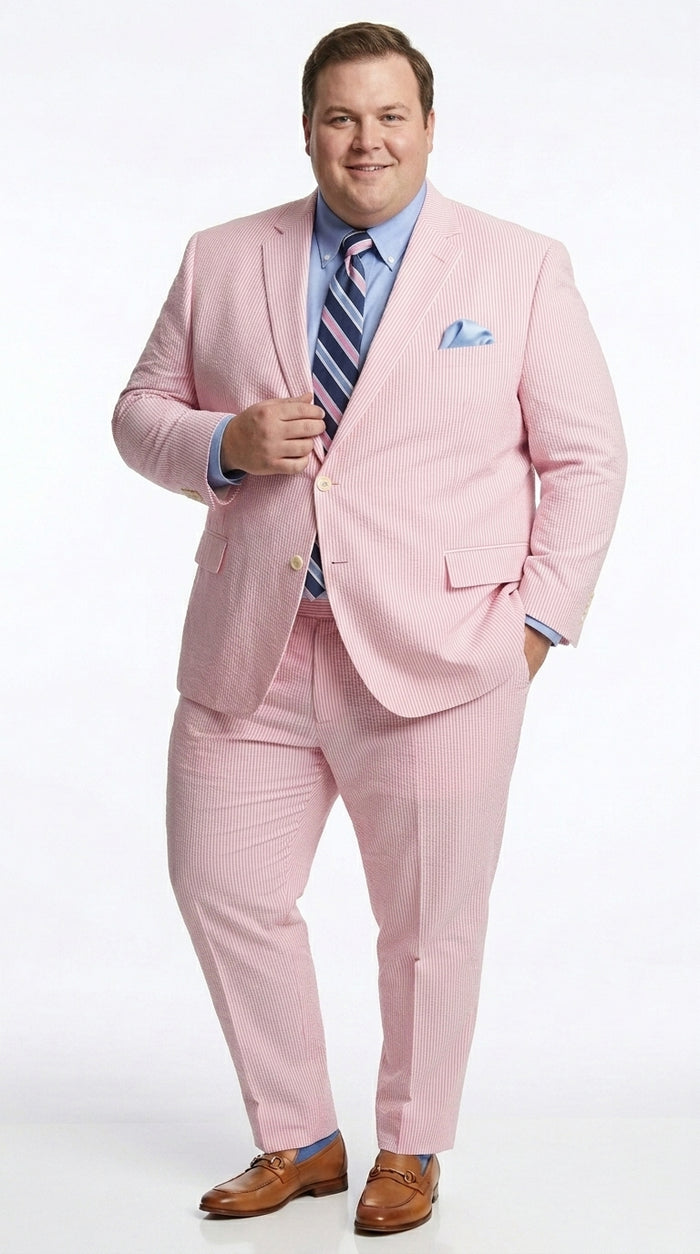 Men’s Pink Seersucker 2 Piece Suit, Lightweight Summer Dress Suit for Weddings, Prom, Parties, and Special Occasions Modern Fit