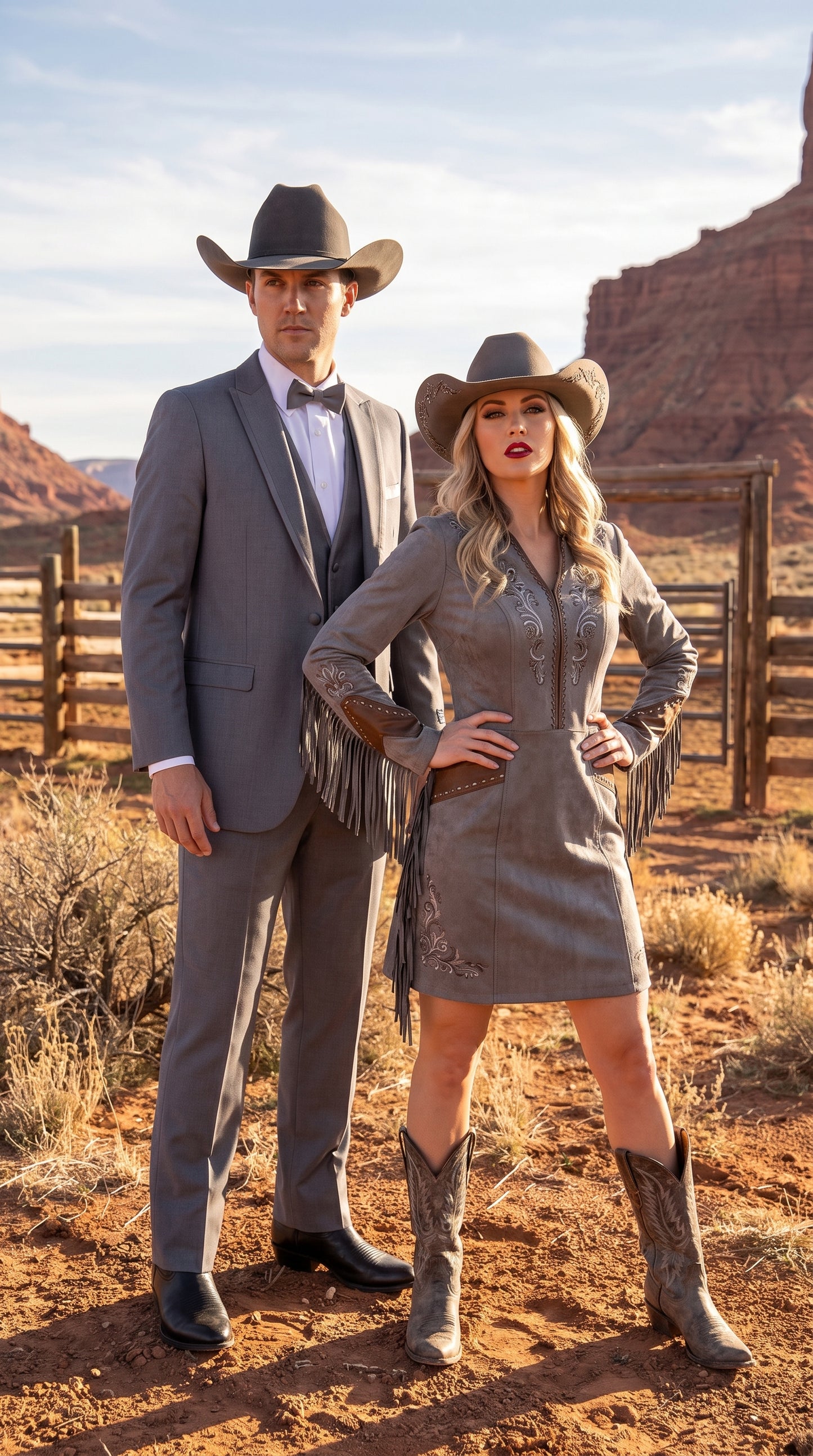 Men's Medium Grey Western 3-Piece Tuxedo Suit with Vest – Cowboy Style Formal Country Outfit