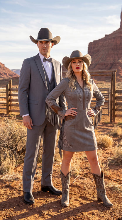 Men's Medium Grey Western 3-Piece Tuxedo Suit with Vest – Cowboy Style Formal Country Outfit