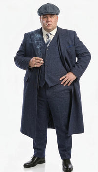 Men’s Navy Blue Herringbone Tweed  1920s 3 Piece Suit with Overcoat – Vintage Peaky Blinder Style Formal Suit Set with Blazer, Waistcoat + Overcoat + Hat