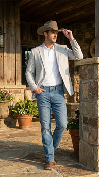 cowboy dressed in white linen Making an outfit with these new white trousers that are perfect for summer! Outfit details: Roper boots - Ariat Pants - @Nudie Jeans Co Belt - RRL (@Ralph Lauren) Linen shirt