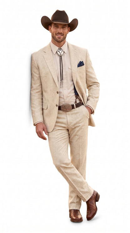 Men’s Natural Sand Linen Western Suit – Cowboy Wedding Jacket & Pants Linen Suit