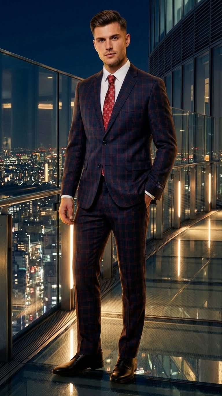 Men’s Navy Blue and Burgundy Checkered Two-Piece Suit Plaid Windowpane – Flat Front Pants or Pleated Wide Leg Pants - 100% Wool